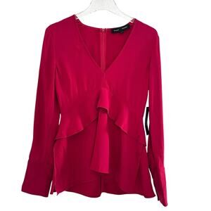 Proenza Schouler V Neck Ruffle Peplum Top Women 2 Magenta Long Sleeve Romantic‎